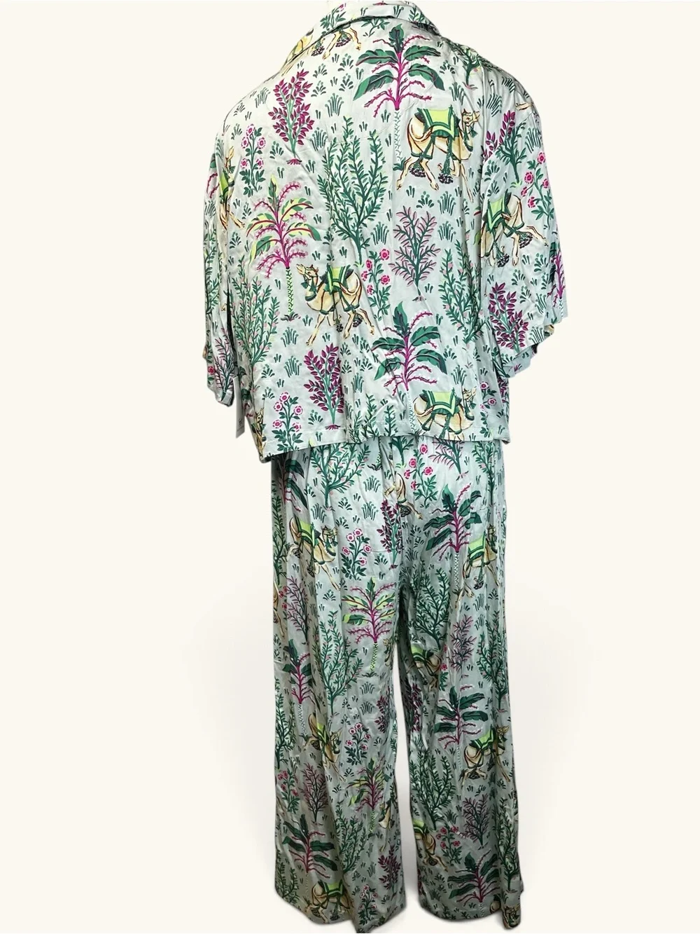 Printfresh Eco Satin Wildest Dreams Pajama Set in Camel'ss Courtyard Print